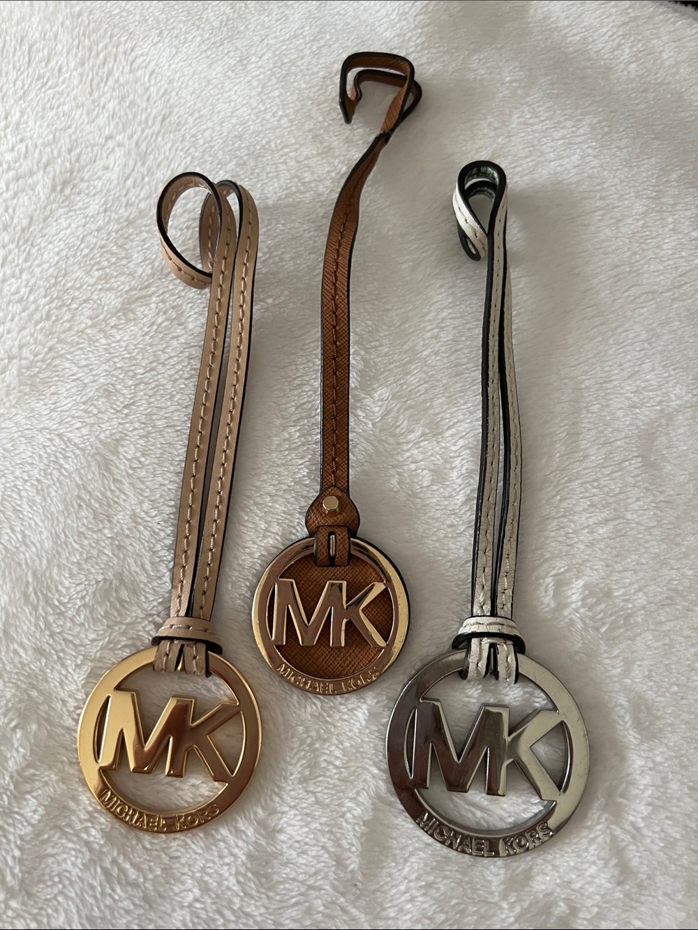 Michael Kors Leather MK Hanging Charms in Brown, Beige, White